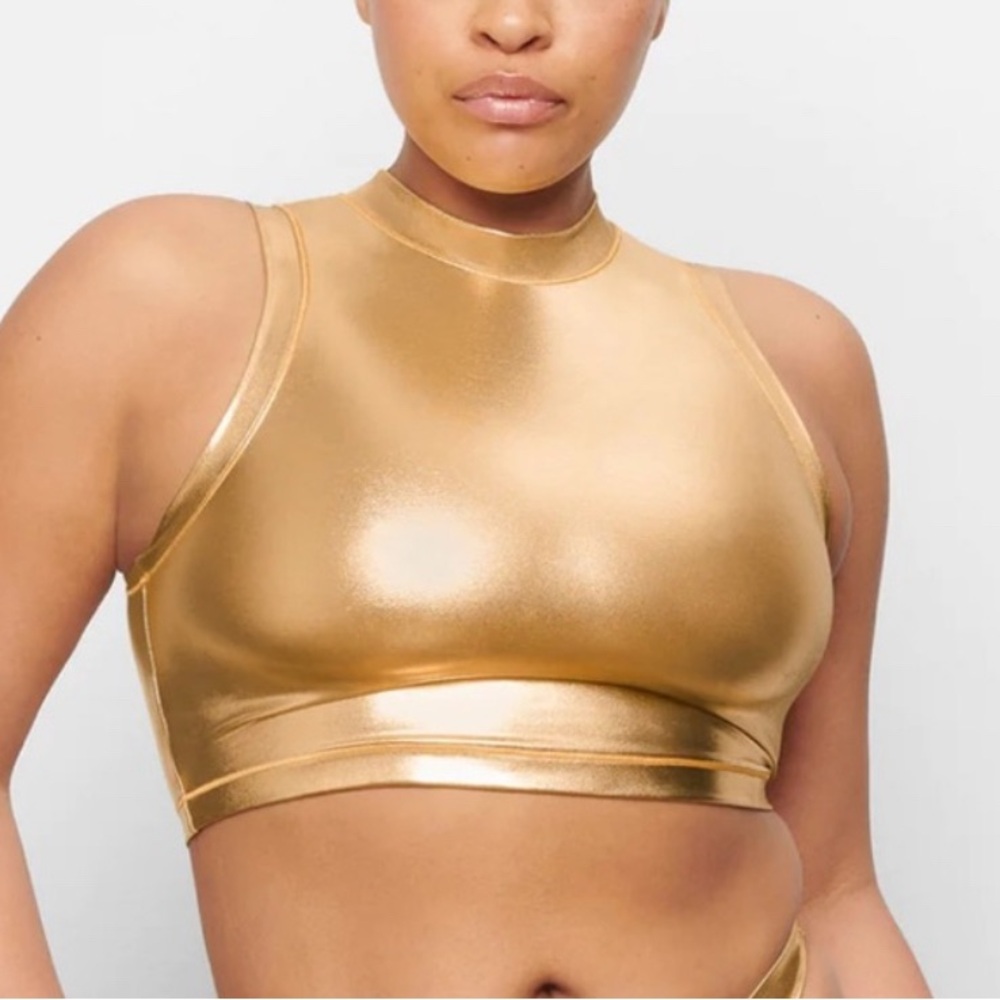 SKIMS Gold Metallic Swim Mock Neck Top